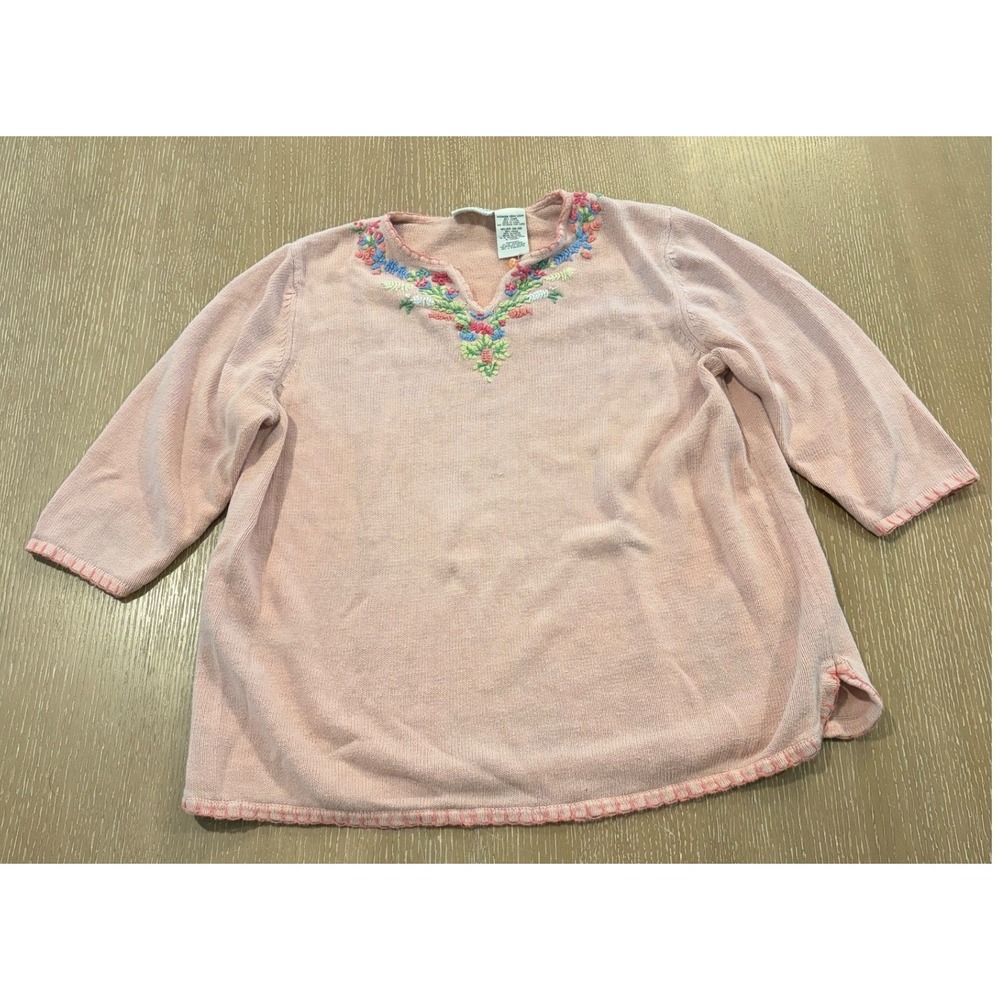 White Stag Womens Plus 18W/20W Peach Floral Embroidered Ramie Cotton Sweater Top